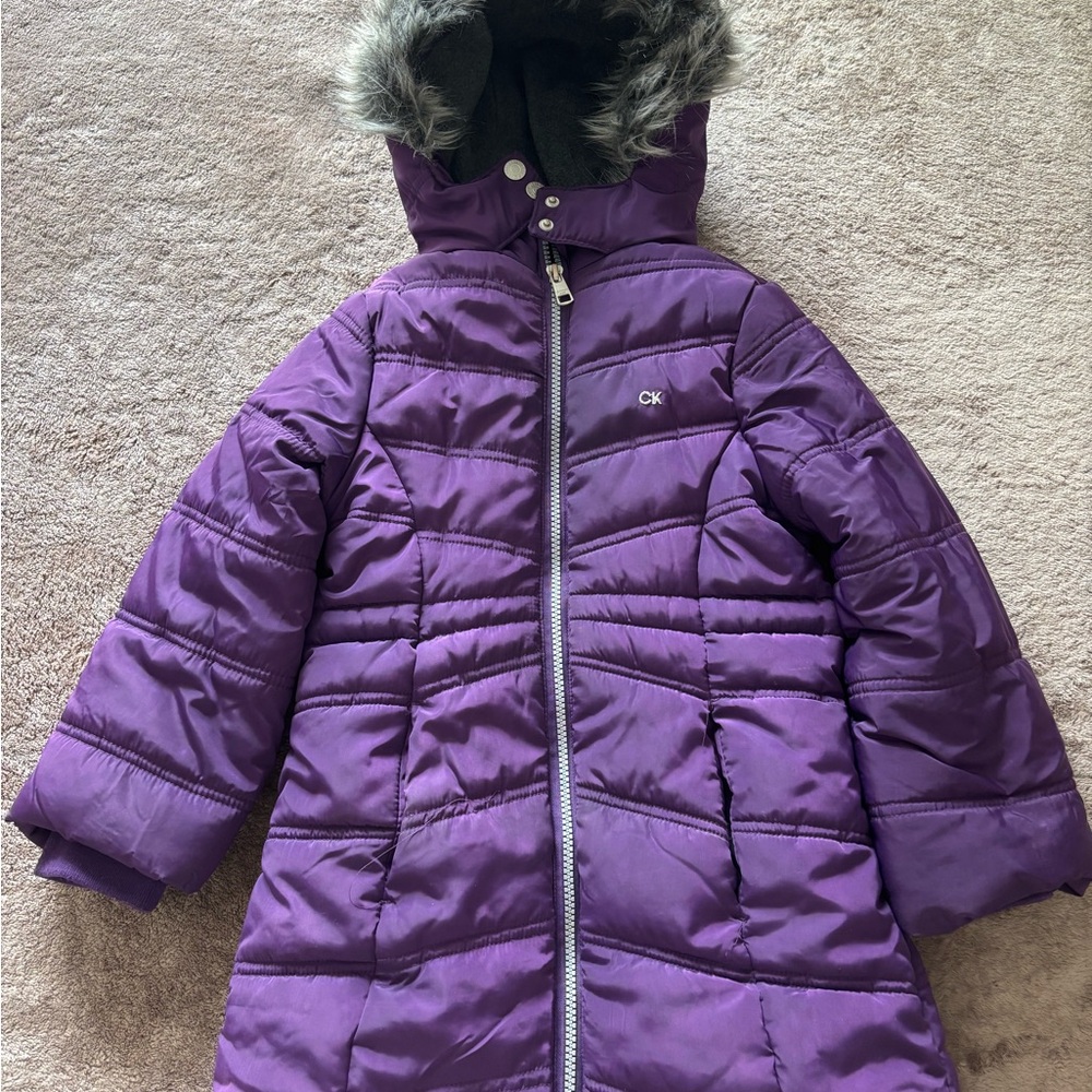 Calvin Klein Deep Purple Quilted Coat with Faux Fur Trim